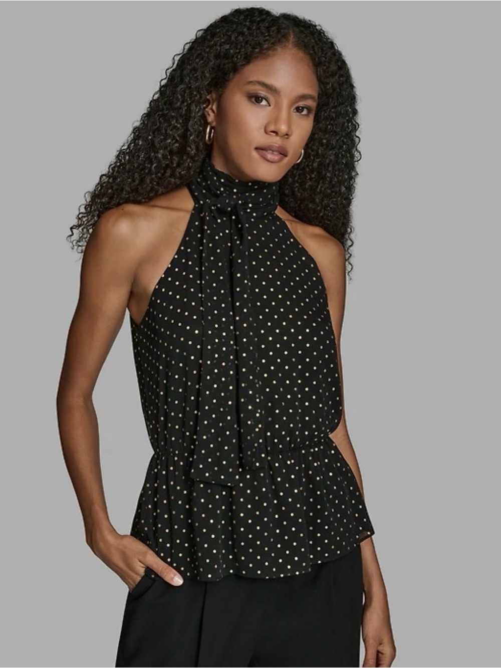 BCBG Black Blouse with Gold Polka Dot Print